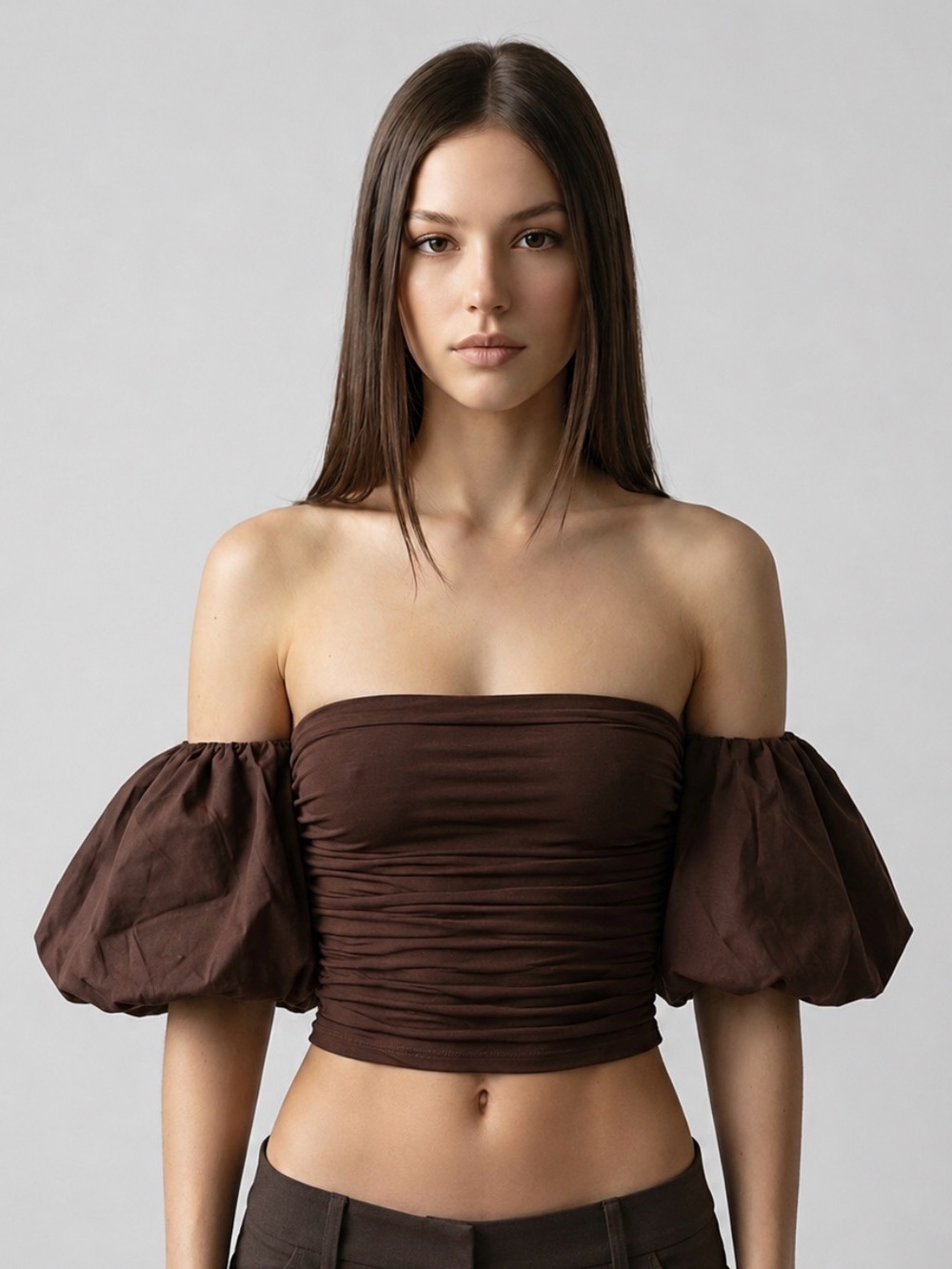 Billy J Off-Shoulder Puff Sleeve Cropped Top - Brown